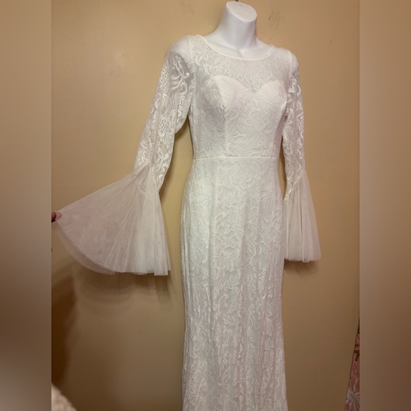 White Lace Bell Sleeve wedding Dress SZ S - Picture 12 of 14